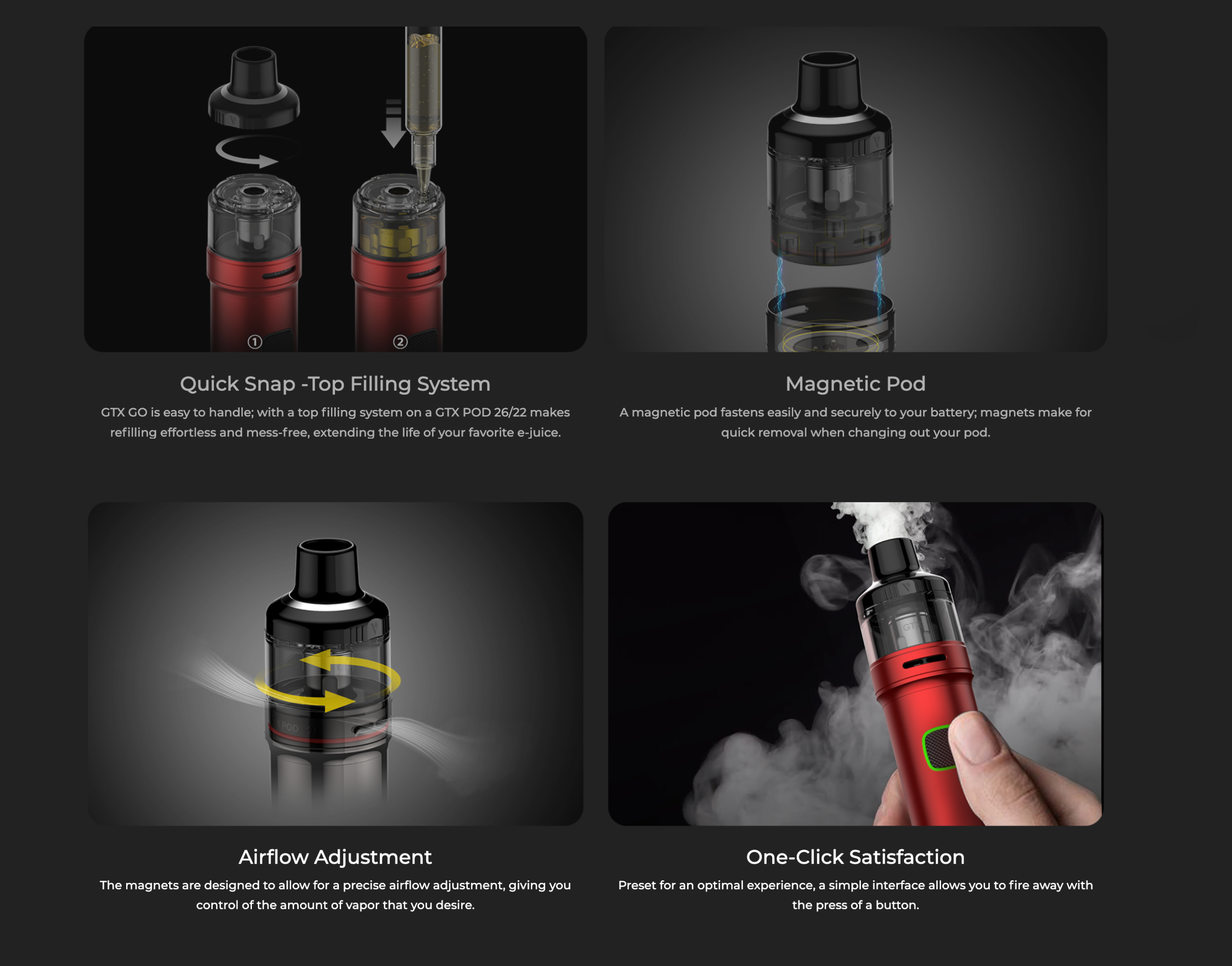 Vaporesso GTX GO 40 Pod Mod özellikleri: dolum, manyetik pod, hava akışı.